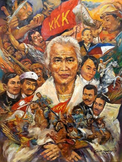 A vibrant, chaotic painting. It is a blend of imagery, primarily focused on the central figure, Aquino, with long white hair, who gazes directly at the viewer. Surrounding her are depictions of historical figures, many holding banners emblazoned with "KKK," and scenes of conflict featuring soldiers and horses. The color palette is rich with reds and earthy tones, enhancing the emotional resonance, while dynamic brushstrokes convey movement and urgency across the canvas. The imagery creates a layered effect, merging faces and actions into a cohesive narrative of resistance and identity.