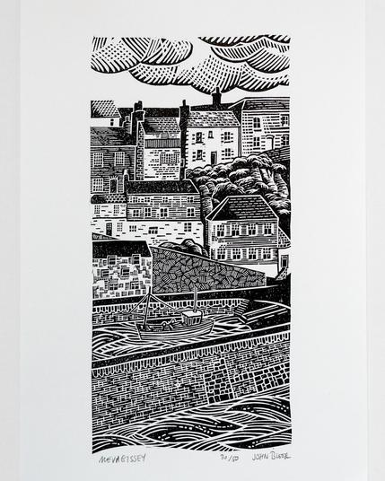 A single colour linocut print of Mevagissey in Cornwall showing the hill of houses with harbour at the bottom.