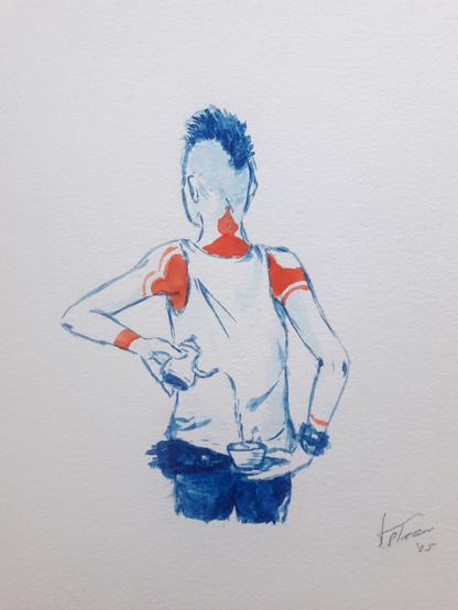 drawing of a punk in blue-orange who'*s filing a cup of tea from nbehind his back.