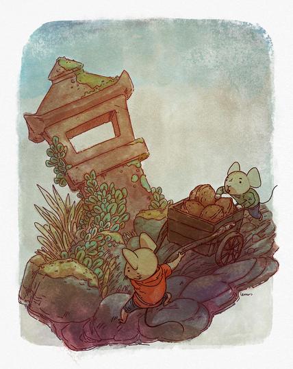 Illustrations of two mouses transporting a cart with nuts