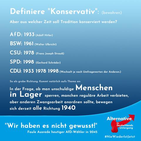 Definiere "Konservativ": (bewahren)
Aber aus welcher Zeit soll Tradition konserviert werden?

AFD: 1933 (Adolf Hitler)
BSW: 1961 (Walter Ulbricht)
CSU: 1978 (Franz Joseph Strauß)
CDU: 1933 1978 1998 (Wechselt je nach Umfragewerten der Anderen.)

So als grobe Richtung.
Kommt natürlich aufs Thema an:

In der Frage, ob man unschuldige Menschen in Lager sprerren, manchen reguläre Arbeit verbieten, aber anderen Zwangsarbeit anordnen sollte, bewegen sich derzeit alle Richtung 1940.

Hintergrund in AFD-Blautönen.
Fusszeile: "Wir haben es nicht gewusst!"
Faule Ausrede heutiger AFD-Wähler in 2045 
Verändertes Logo: Roter Pfeil mit Hoden, Alternative für Deutschlands Untergang
#NieWiederIstJetzt