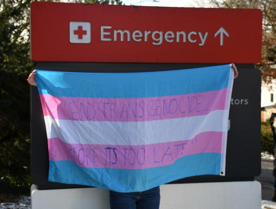 A protestor sign, printed on a trans pride flag. It reads: END TRANS GENOCIDE BEFORE ITS TOO LATE. It is being held in front of an Emergency Entrance sign for Seattle Children's Hospital, and I am very clever for thinking to do that. Please tell me I am smart