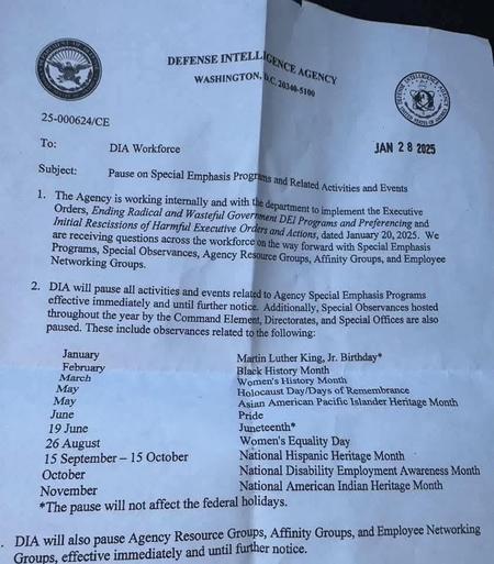 Summary of content 
Defence Intelligence Agency 
DIA will pause activities and special observances on these days
Martin Luther King, Black History Month, Women's History month, Holocaust Day, Asian American Pacific Islander Heritage Month, Pride, Juneteenth, Women's Equality Day,National Hispanic Heritage Month, National Disability Employment Awareness Month, National American Indian Heritage Month