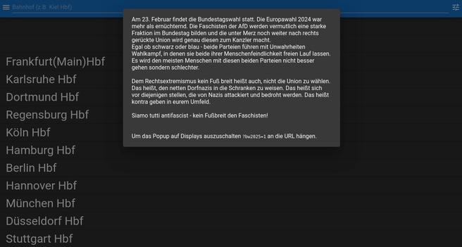 Popup bei bahn.expert mit einer Antifaschistischen Botschaft