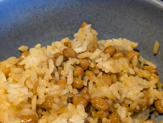 A blue bowl with small beans and rice.