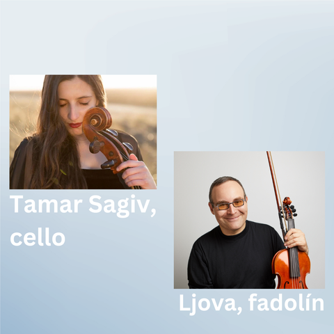 the picture shows two musicians, cellist Tamar Sagiv and fadolínist Ljova. Tamar has her eyes closed and Ljova is smiling.