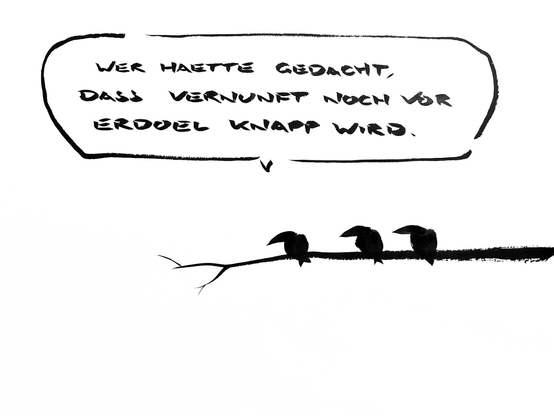 Cartoon aus wenigen schwarzen Tuschestrichen. Drei Vögel sitzen auf einem Ast und schauen nach unten. Einer sagt: „ wer hätte gedacht, dass Vernunft noch vor Erdöl knapp wird?“