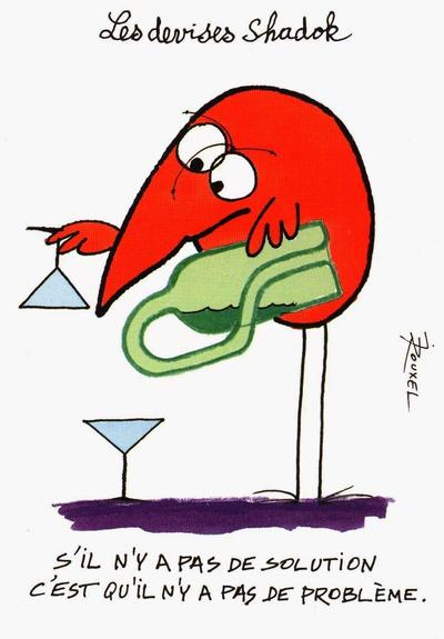 An orange shadok is trying to fill 2  glasses (one upside down ) with a bottle which nosle return in the reservoir. 
Title: Shadok motto

Caption: if there is no solution, there is no problem