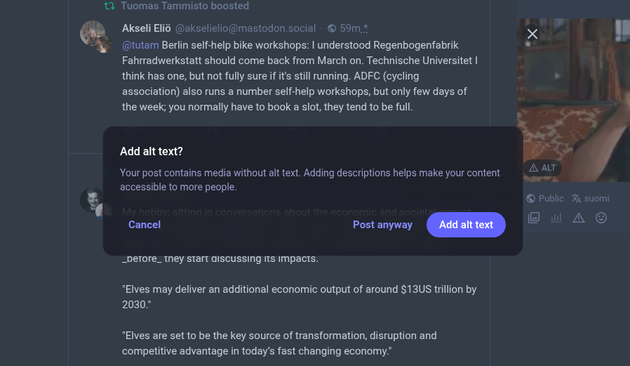 A screenshot of the new Mastodon alt text reminder pop up modal. Contents:

Heading: Add alt text?
Your post contains media without alt text. Adding descriptions helps make your content accessible to more people.

Buttons: Cancel, Post anyway, Add alt text