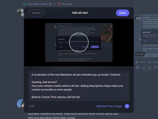 A popup with new "Add alt text" modal that has better layout and bigger text area.