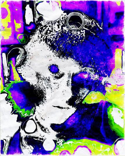 A grainy white face can be seen sillhouetted by a funky psychedelic flowy paper sketch with abstract squiggly lines