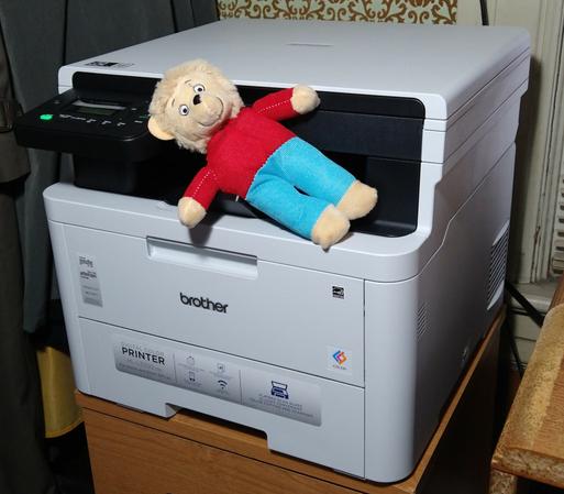 Brother HL-L300CDW digital color printer with dollar store plush toy of Brother from The Berenstain Bears