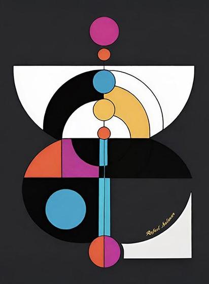 An abstract geometric artwork featuring bold, intersecting shapes in black, white, and vibrant colors like blue, orange, yellow, and purple, forming a balanced and harmonious composition by Rafael Salazar artist.
