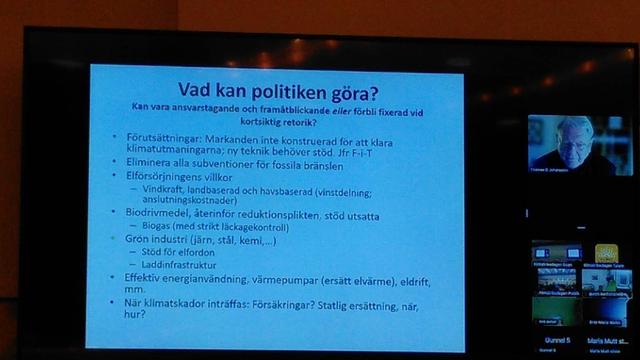 Picture of a presentation showing what politics can do to reduce greenhouse gas emissions from the energy sector