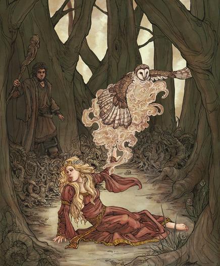 Gwydion transforms the woman Blodeuwedd. An illustration by Dreoilin.