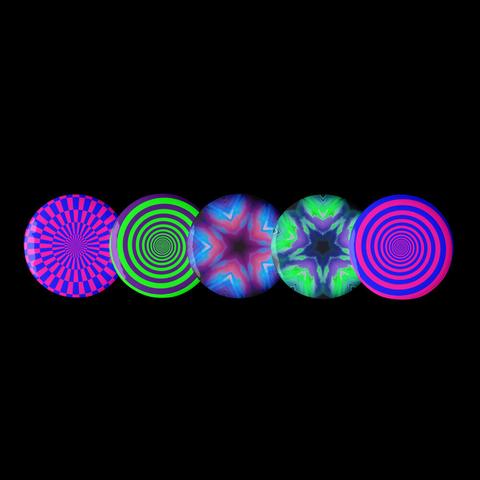 Set of 5 pin buttons with spirals and star designs in shades of pink, blue, green, and purple.