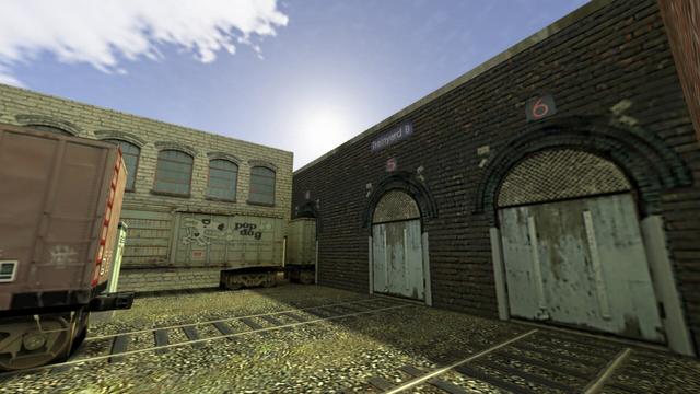 In this picture you can see the three gates that you already saw in the picture before. Only now very close. You can see over the gate sign 5, which is the middle gate, a sign with Trainyard B on it. In the left gate with the number 4 there are two white wagons that are coupled to each other. On one of them, which is written on three rows, is the logo of the game company Pop Dog, which developed the map (de_train) and they have also a comic Dalmatian as a logo. On the left edge you can see a red conatiner wagon with a ladder and behind it is an electrical box. On the far right is the gate with the number 6, which is closed like gate number 5. This is on the map de_train in the game Counter-Strike 1.6.