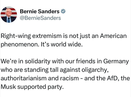 Right-wing extremism is not just an American phenomenon. It's world wide. We're in solidarity with our friends in Germany who are standing tall against oligarchy, authoritarianism and racism - and the AfD, the Musk supported party.