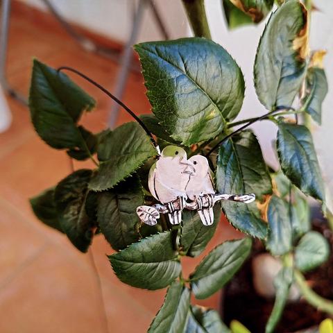 A silver pendant with two loving birds. it's placed on green leaves