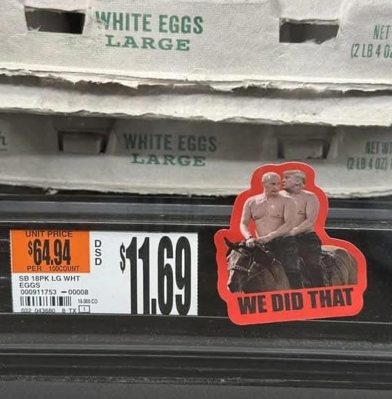 A grocery store shelf displays cartons of large white eggs, with a price tag showing $11.69 for an 18-pack. A satirical sticker is placed next to the price, featuring a photoshopped image of former U.S. President Donald Trump and Russian President Vladimir Putin, both shirtless and riding a horse together. The sticker includes bold red text reading, "WE DID THAT," implying they are responsible for the high price of eggs. The image plays on the popular meme format often used to criticize political figures for economic conditions.