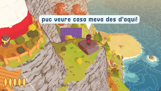Captura de pantalla del videojoc "A Short Hike". En ella, es veu de nou a la Claire asomada a un penya-segat, al costat d'un far, en la muntanya. La Claire està cridant "puc veure casa meva des d'aquí!". Es veu avall de la muntanya una platja amb un petit campament, amb un personatge assegut. Hi han arbres de distints tonalitats, marrons, verds i grocs. Al fons es veu la platja i el mar.