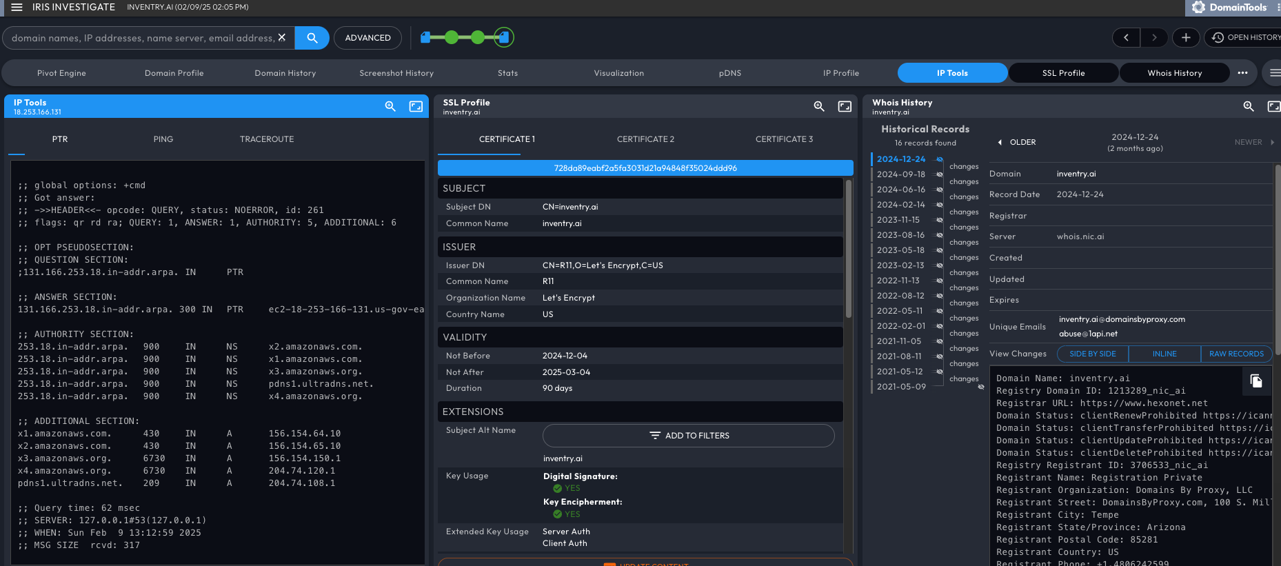 A dig into the ip 18.254.175.18 at DomainTool's IRIS platform shows the IP address is tied to an SSL cert for inventry.ai