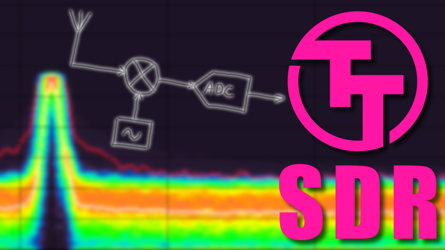 Thumbnail for the video.

Background is a colorful spectrum view ( from gr-fosphor ) showing an FM modulated carrier. There is also a fuzzy diagram representing a basic SDR with antenna, mixer, LO, ADC.

On the right side, in bright pink there is the TinyTapeout logo and the letters "SDR".