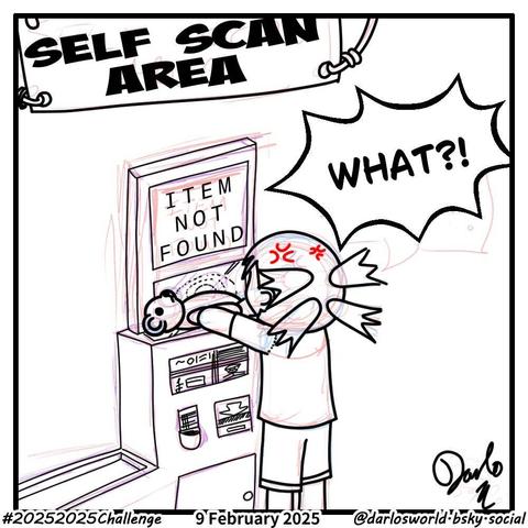 Fan art drawing of Yotsuba Koiwai trying to scan Juralumin, a teddy bear, through the self scan checkout at a shop.