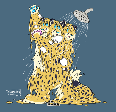 Cheetah Kit-Tai-Ike washing themselves in the shower, their slimy body melting and dripping all over the floor.