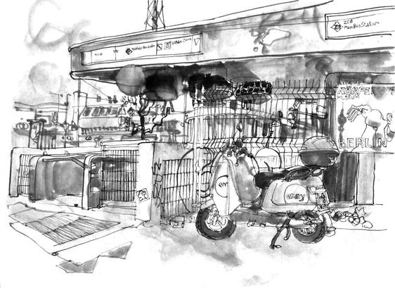 Ink drawing of the entrance to a pedestrian tunnel, parts of it fenced off. There is a roof on top and a rentable motorcycle in front.