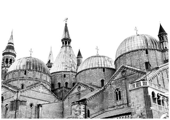 The image depicts the Basilica of Saint Anthony in Padua, a stunning example of Romanesque and Gothic architecture. Its iconic domes dominate the skyline, each crowned with a cross, while the intricate brickwork and arched windows reflect the craftsmanship of the era. The basilica's spires rise gracefully in the background, adding vertical elegance to the composition. This historic landmark, often referred to as "Il Santo," is not only an architectural masterpiece but also a place of deep spiritual significance, attracting countless visitors and pilgrims from around the world.
