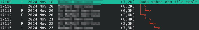 A terminal showing emails in a thread, with mail number, status, date, sender, size and properly threaded hierarchy.