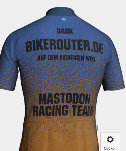 Ein Trikot mit den Texten "Dank Bikerouter.de auf dem richtigen Weg" und "Mastodon Racing Team"