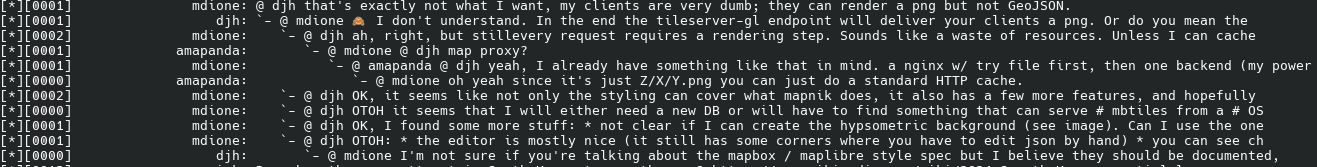 A terminal showing a thread that starts with a conversation between `mdione` and `djh`, but at some point `mdione` monologues, so their toots are at the same level, while answers from other users are indented.
