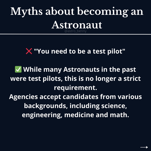 ❌️ "You need to be a test pilot"

✅️ While many Astronauts in the past were test pilots, this is no longer a strict requirement.
Agencies accept candidates from various backgrounds, including science, engineering, medicine and math.