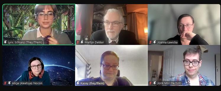 A screenshot of a Zoom gallery view with six Autscape panelists: Lyric Schranz, Martijn Dekker, Joanna Ławicka, Alicja Nocon, and Jorik Mol, plus the Autscape Chair, Kacey.