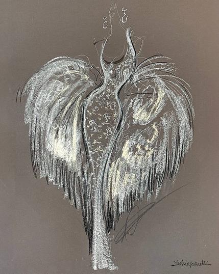 This image is a fashion sketch of Beyoncé’s custom Schiaparelli Haute Couture gown, designed for the 2025 GRAMMY Awards. The illustration, signed by Schiaparelli, showcases a dramatic and ethereal silhouette, blending Western-inspired opulence with high fashion artistry.

The design features a form-fitting beaded bodice with an intricate paisley pattern, reminiscent of classic bandana prints. A teardrop cutout at the chest is accented with a dangling crystal-encrusted pearl, mirroring the final gown Beyoncé wore. The figure’s elongated, sculptural pose conveys regal elegance, enhanced by large, wing-like feathered embellishments that extend from the sides, adding movement and grandeur.

Rendered in charcoal, white, and gold highlights, the sketch captures the luminosity of the metallic fabric and the drama of the silhouette, with soft shading and gestural strokes evoking the luxurious textures of the gown.