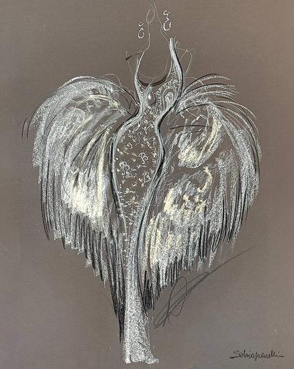 This image is a fashion sketch of Beyoncé’s custom Schiaparelli Haute Couture gown, designed for the 2025 GRAMMY Awards. The illustration, signed by Schiaparelli, showcases a dramatic and ethereal silhouette, blending Western-inspired opulence with high fashion artistry.

The design features a form-fitting beaded bodice with an intricate paisley pattern, reminiscent of classic bandana prints. A teardrop cutout at the chest is accented with a dangling crystal-encrusted pearl, mirroring the final gown Beyoncé wore. The figure’s elongated, sculptural pose conveys regal elegance, enhanced by large, wing-like feathered embellishments that extend from the sides, adding movement and grandeur.

Rendered in charcoal, white, and gold highlights, the sketch captures the luminosity of the metallic fabric and the drama of the silhouette, with soft shading and gestural strokes evoking the luxurious textures of the gown.