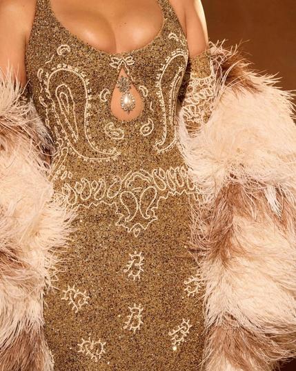 This close-up shot captures the intricate details of Beyoncé’s custom Schiaparelli Haute Couture gown at the 2025 GRAMMY Awards. The fabric is golden beaded, shimmering under the light, with a Western-inspired paisley pattern embroidered in ivory, reminiscent of a bandana print.

At the center, a paisley-shaped cutout is adorned with a crystal-encrusted pearl accent, adding a regal touch. The gown is paired with a plush feathered stole in soft champagne and brown hues, draped over her arms, enhancing the luxurious, vintage glamour of the look. The close-up highlights the exquisite craftsmanship, intricate beadwork, and couture-level detail that define this iconic ensemble.