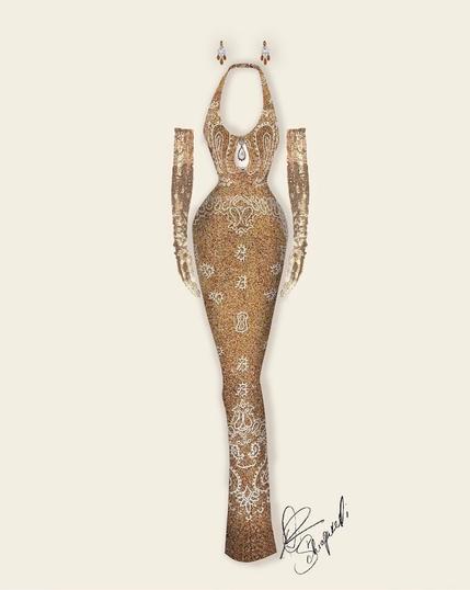 This image is a detailed fashion illustration of Beyoncé’s custom Schiaparelli Haute Couture gown, designed for the 2025 GRAMMY Awards. The illustration, signed by Schiaparelli, presents a golden, form-fitting silhouette with intricate embellishments, capturing the elegance and craftsmanship of the final look.

The gown features a halter neckline with a deep cutout at the chest, adorned with a dangling pearl and crystal accent—a signature design element of the dress. The fabric is richly embroidered with a Western-inspired paisley pattern, reminiscent of classic bandanas, merging cowboy aesthetics with haute couture glamour.

The look is completed with matching opera-length gloves, shimmering with the same intricate beadwork, and golden drop earrings with pearl details, echoing the opulence of the gown. The sleek, elongated design highlights Beyoncé’s signature hourglass silhouette, reinforcing her regal stage presence.