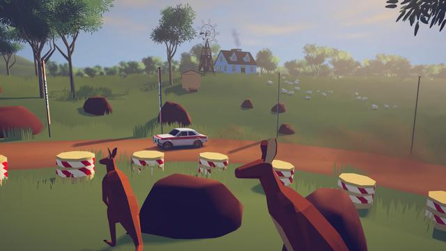 A rally car, looking suspiciously like a Mk1 Escort, zips along a dusty dirt road. In the foreground, two low-poly kangaroos watch impassively while in the background, a classic bush homestead, with requisite windmill, breaks a tree-lined ridge.