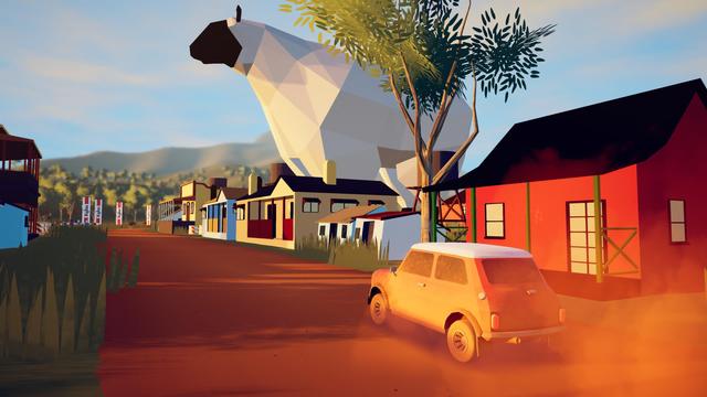 A very dirty rally car, looking suspiciously like a 60s Mini, drives down a dirt street past houses, pubs and shops. On the right looms a giant sheep - clearly a nod to the Australian city of Goulburn with its giant Merino sheep.