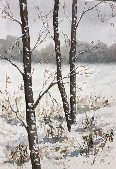 Painting of a few aspen trees along a frozen lake in winter
