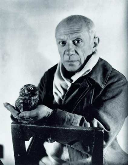 B/W photo by Michel Sima, 1946: Picasso holding his pet owl Ubu in his hands while posed on a wooden chair