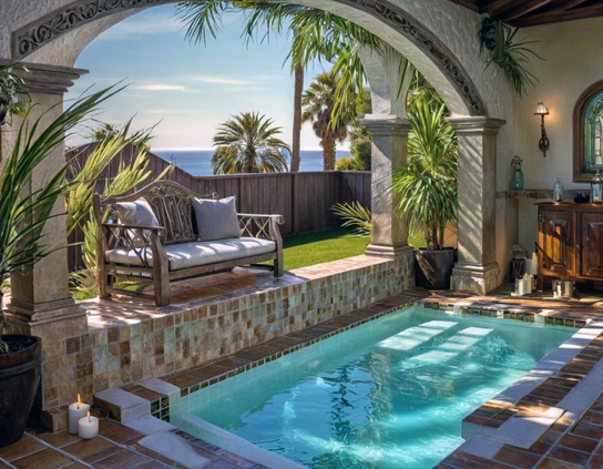 A small fenced backyard with a narrow strip of grass and a cushioned outdoor couch on a tiled ledge overlooking a compact turquoise pool, surrounded by natural stone tiles, beige and cream archways, and tropical plants, with a bright ocean view in the background.