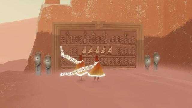 Two travelers early in the game, standing before one of the first murals. Their scarves are short, and illuminated against one another