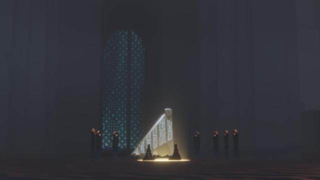 The two travelers kneeled together at one of the first shrines, dark silhouettes cast in the light of the shrine circle