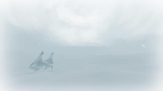 The two travelers in the snow, their scarves shorn and their cloaks caked in frost. They bend their heads against the blistering cold and the winds buffeting them.