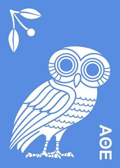 A drawn picture of an Athenian owl in white on a Grecian blue background.