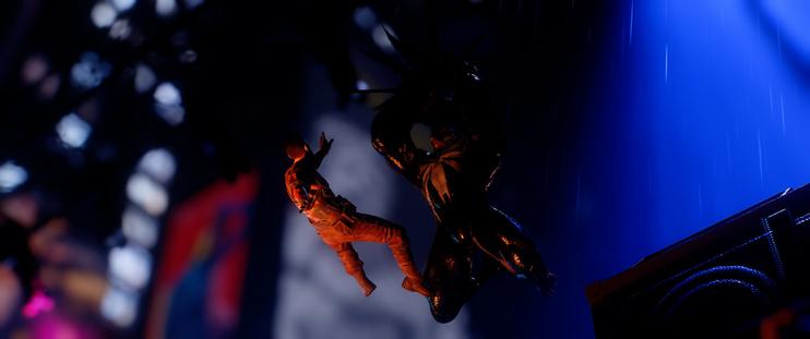 Venom, mid-air, with his fists forming a mace, about to slam them down on a hunter in mid-air